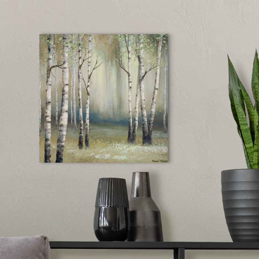 A modern room featuring Painting of thin white birch trees in a dark eerie looking forest.