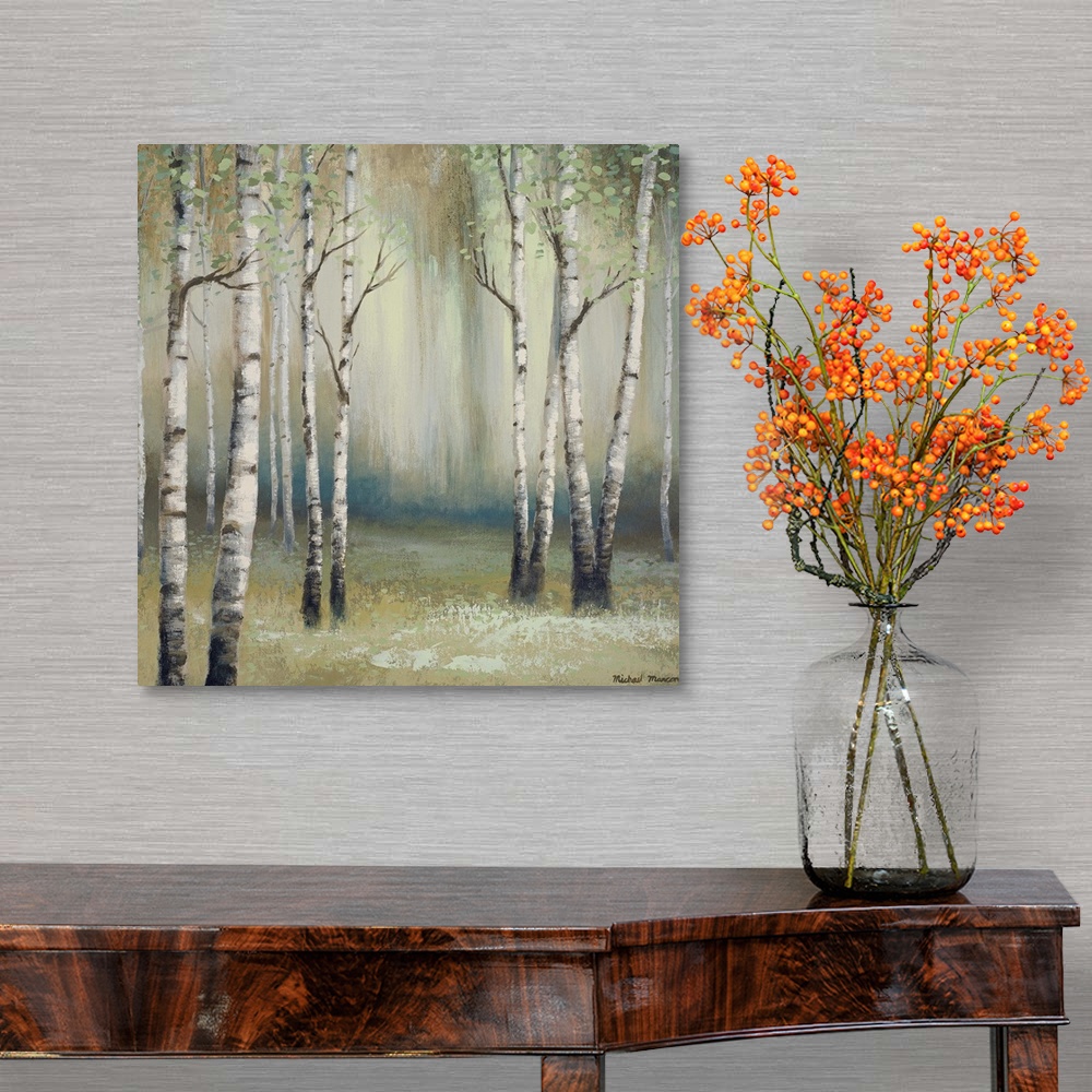 A traditional room featuring Painting of thin white birch trees in a dark eerie looking forest.
