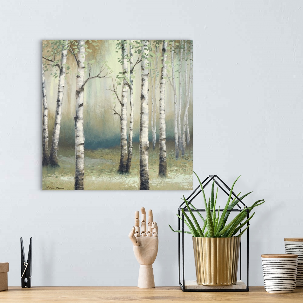 A bohemian room featuring Painting of thin white birch trees in a dark eerie looking forest.