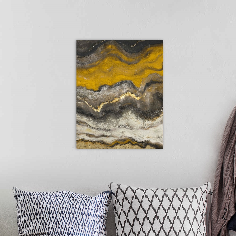 A bohemian room featuring Acrylic painting featuring swirling layers of color reminiscent of flowing magma.