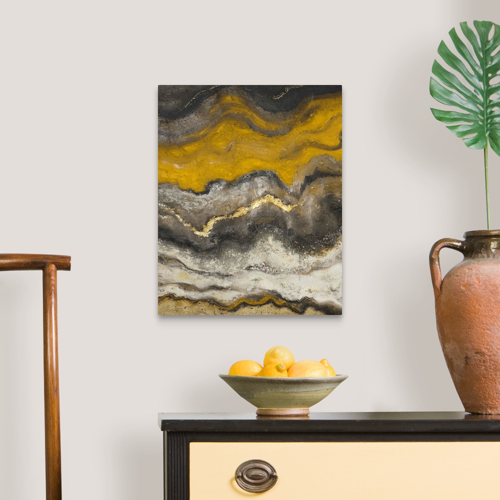 A traditional room featuring Acrylic painting featuring swirling layers of color reminiscent of flowing magma.