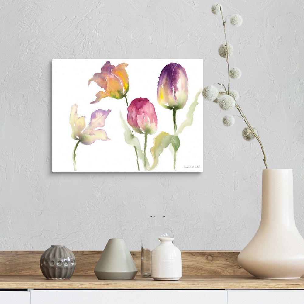 A farmhouse room featuring Watercolor painting of several yellow and purple tulip flowers.