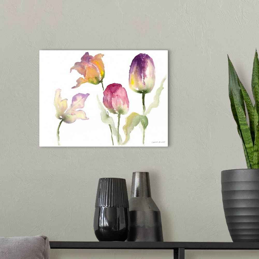 A modern room featuring Watercolor painting of several yellow and purple tulip flowers.