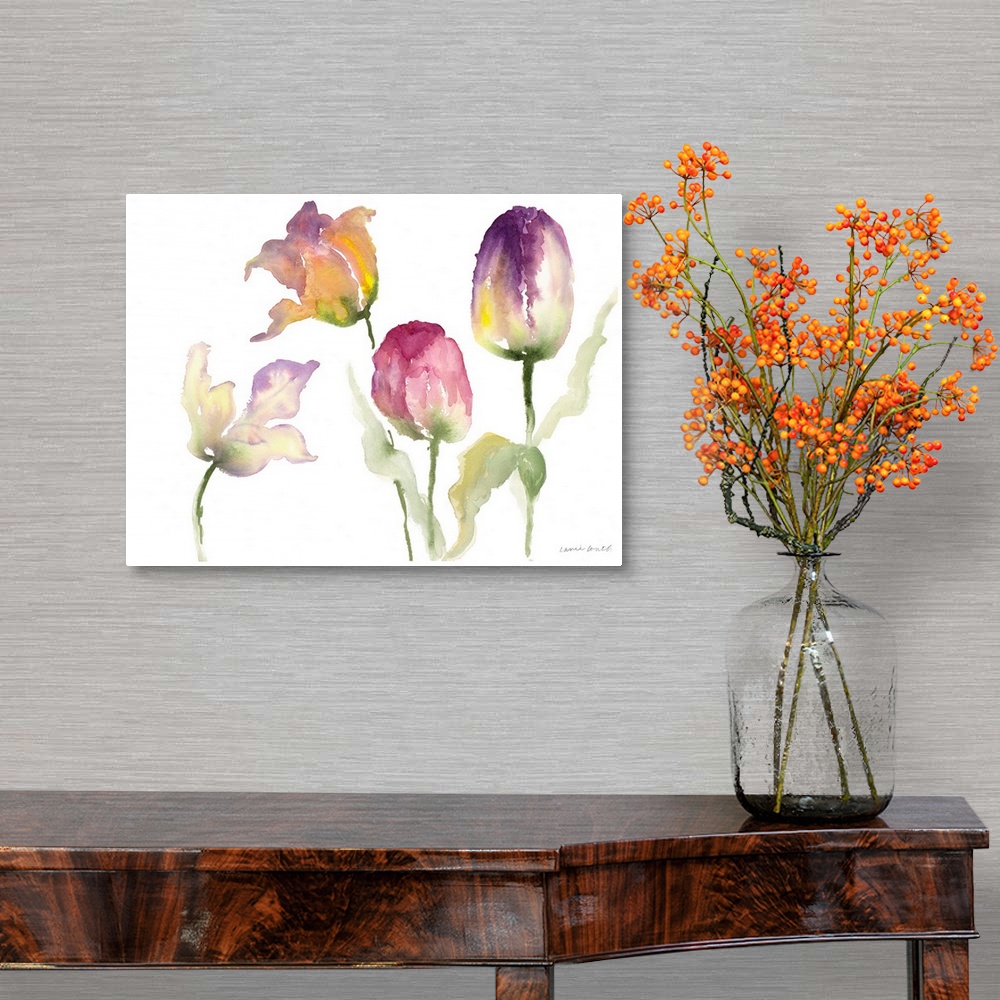 A traditional room featuring Watercolor painting of several yellow and purple tulip flowers.