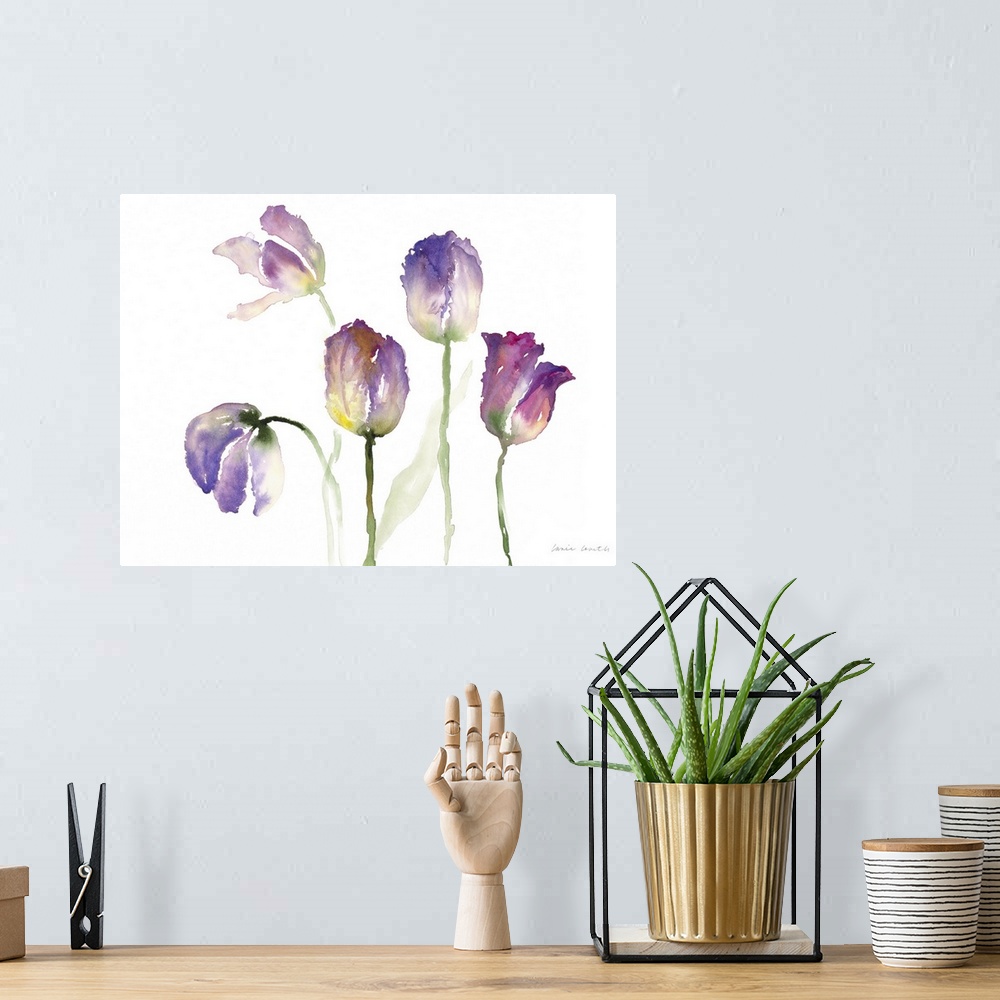A bohemian room featuring Watercolor painting of several yellow and purple tulip flowers.