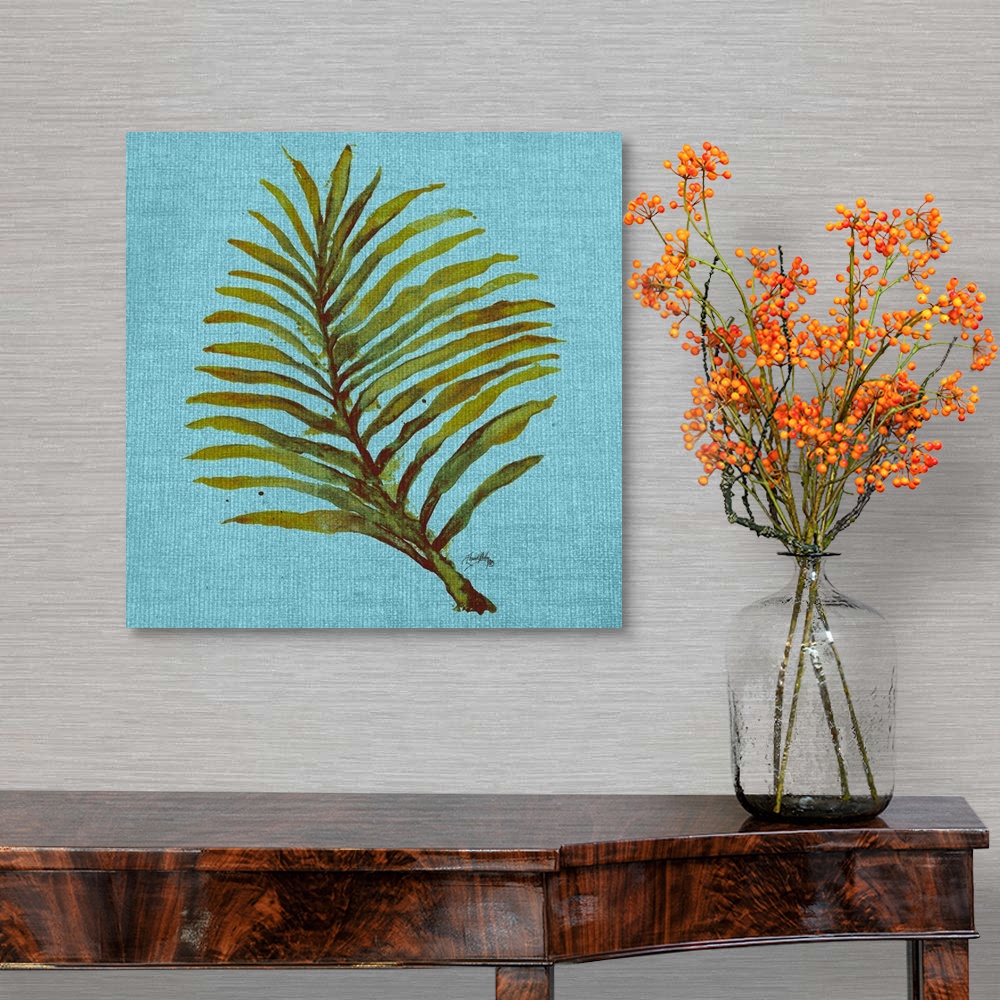 A traditional room featuring Square watercolor painting of a green palm leaf on a light blue burlap background.