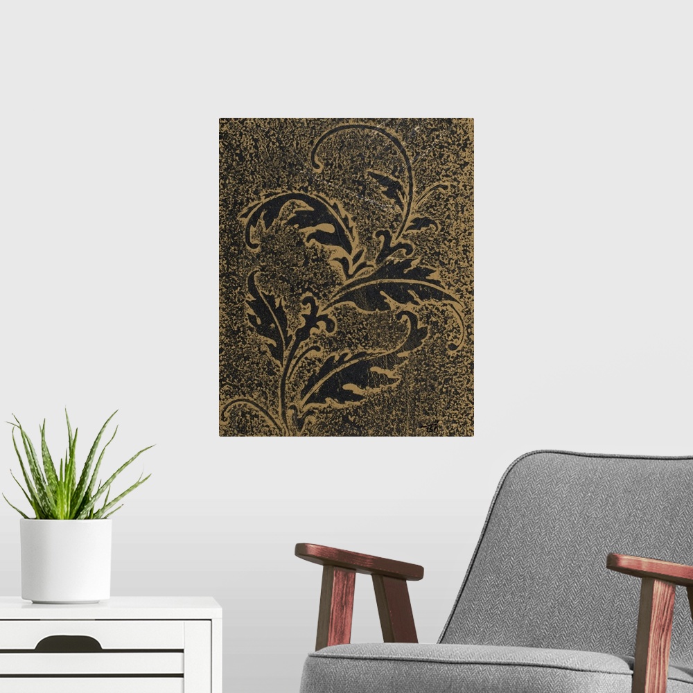 A modern room featuring Black and gold textured painting of a leaf silhouette.