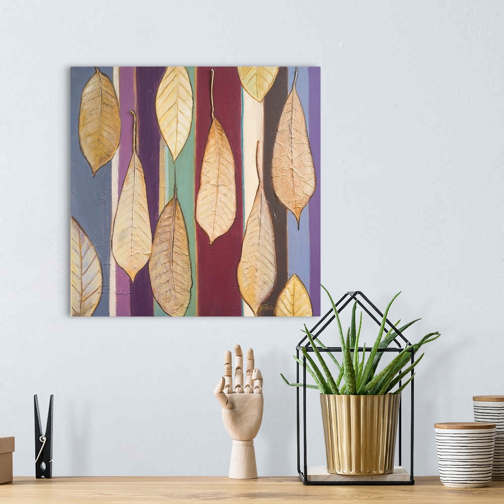 A bohemian room featuring A contemporary painting of brown leaves with textured veins on a colorfully striped background.