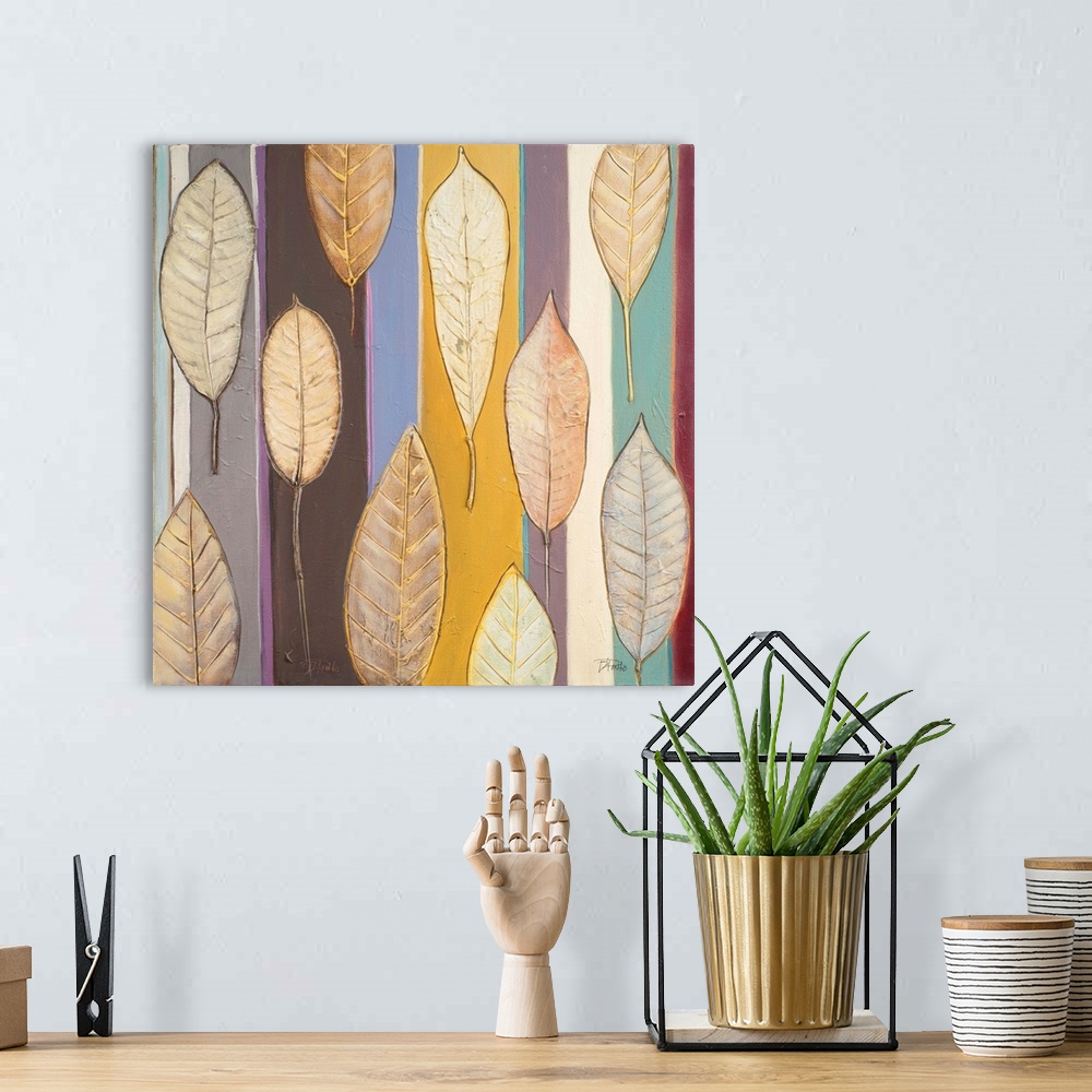 A bohemian room featuring A contemporary painting of brown leaves with textured veins on a colorfully striped background.