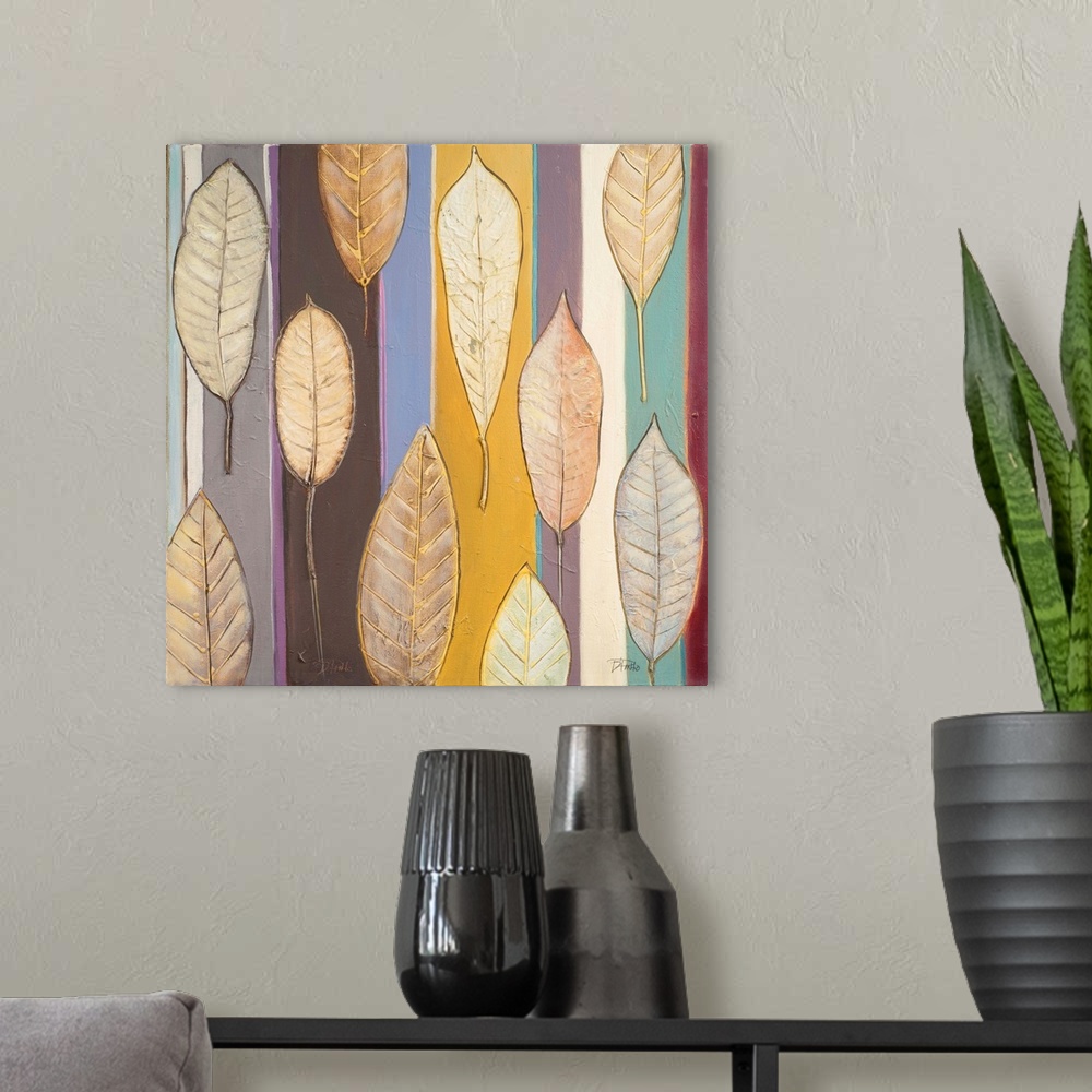 A modern room featuring A contemporary painting of brown leaves with textured veins on a colorfully striped background.