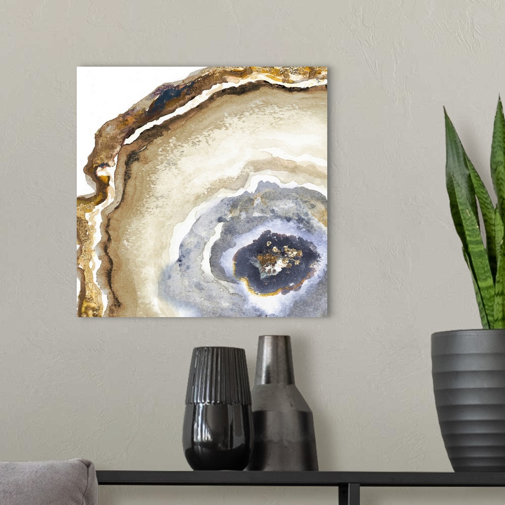 A modern room featuring This contemporary artwork offers the intricacies of sliced agate completed in watercolors with go...