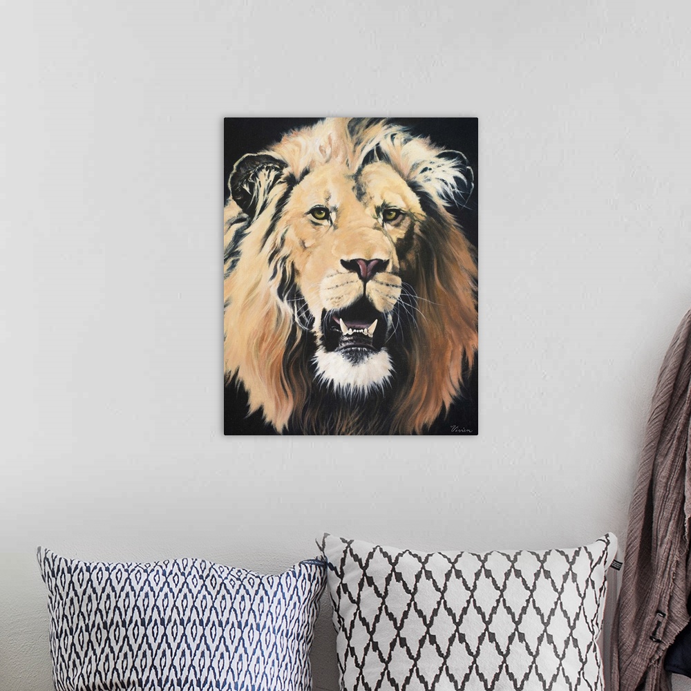 A bohemian room featuring Portrait of a lion roaring.