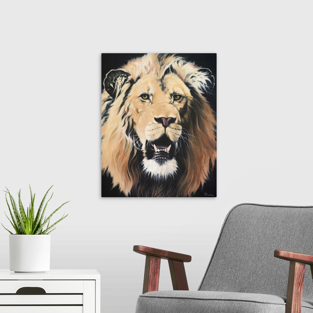 A modern room featuring Portrait of a lion roaring.