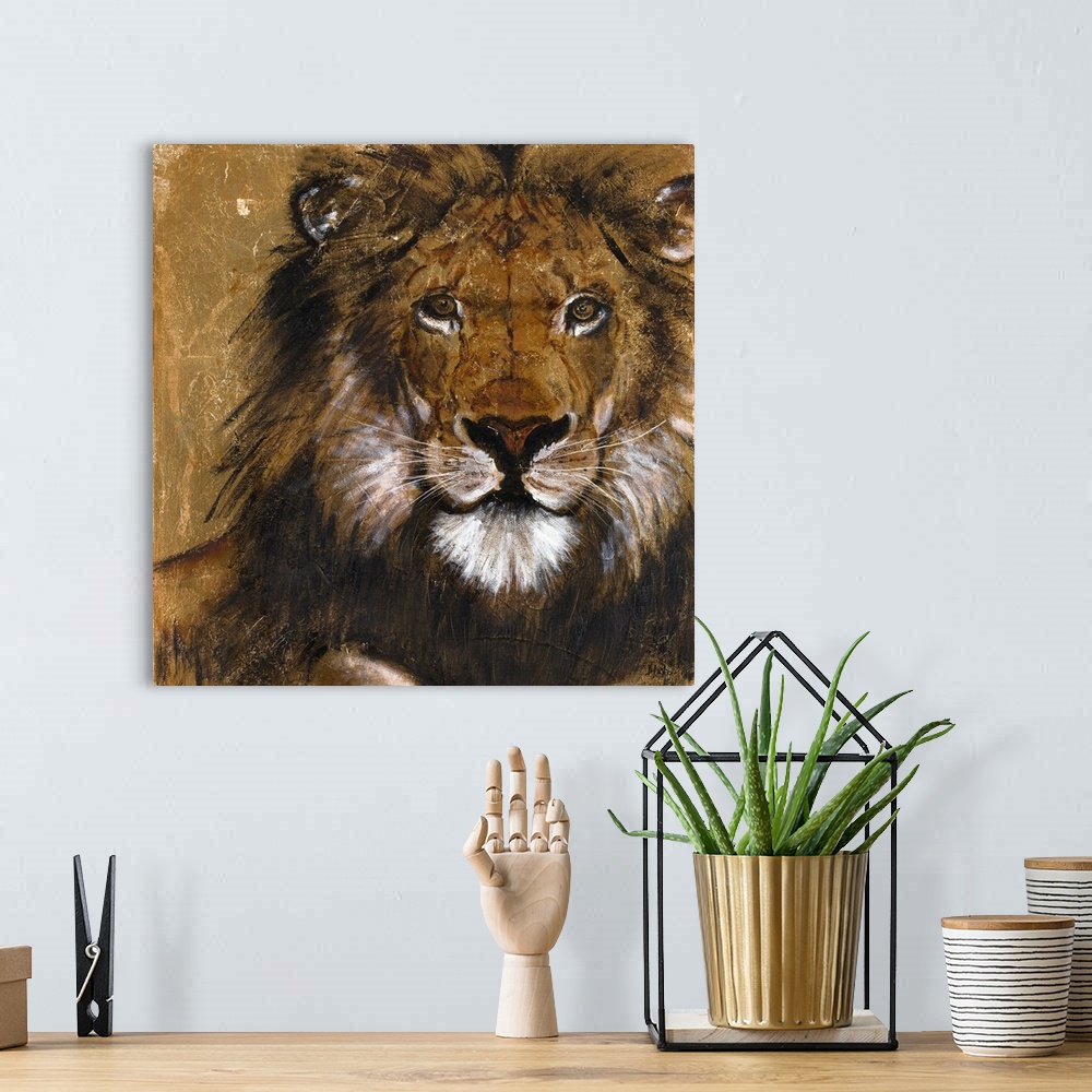 A bohemian room featuring Contemporary artwork featuring a fierce lion and paint splatters throughout.