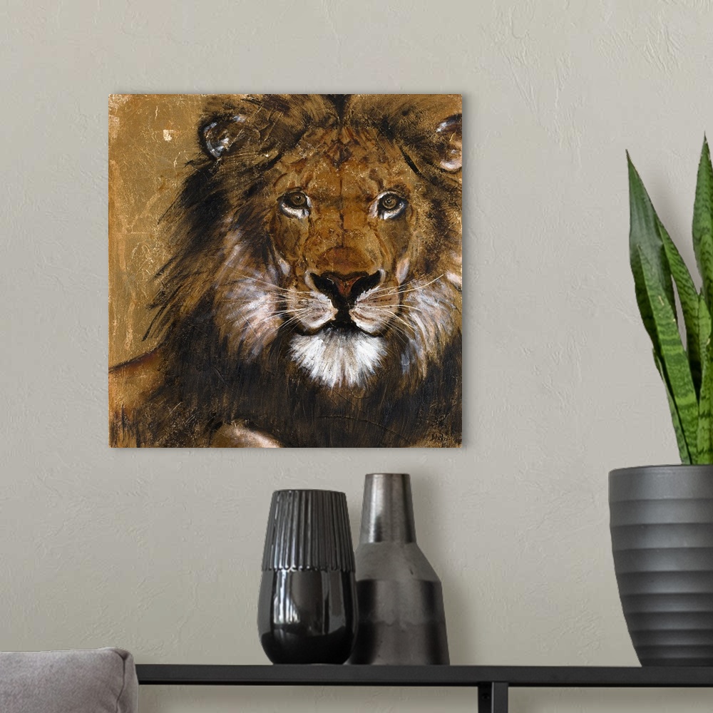 A modern room featuring Contemporary artwork featuring a fierce lion and paint splatters throughout.