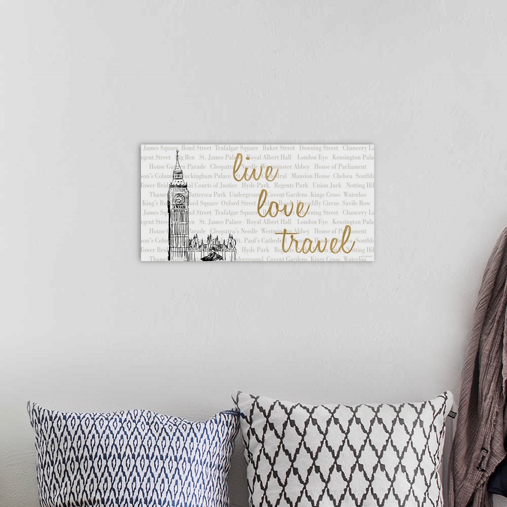A bohemian room featuring Gold script with an illustration of Big Ben.