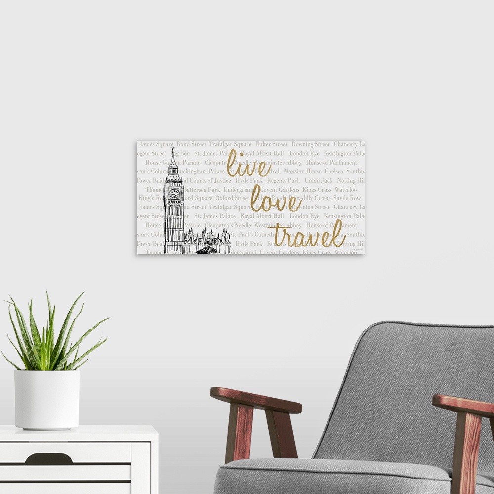 A modern room featuring Gold script with an illustration of Big Ben.