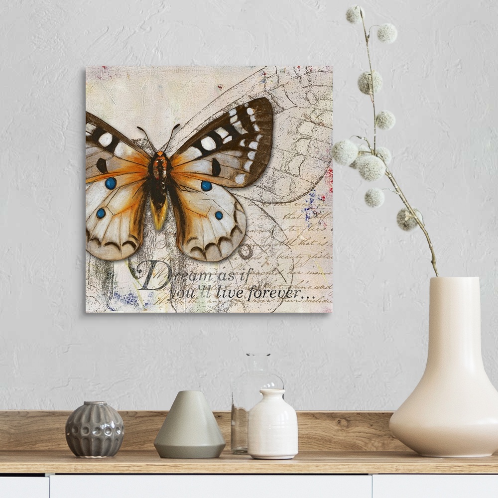 A farmhouse room featuring Square painting on canvas of a butterfly with the text "Dream as if you'll live forevero".