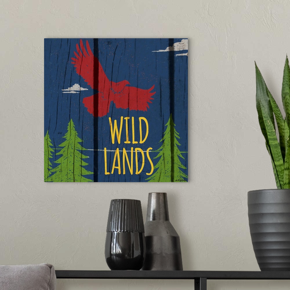 A modern room featuring Brightly colored image of an eagle flying in the sky with a wooden board texture.