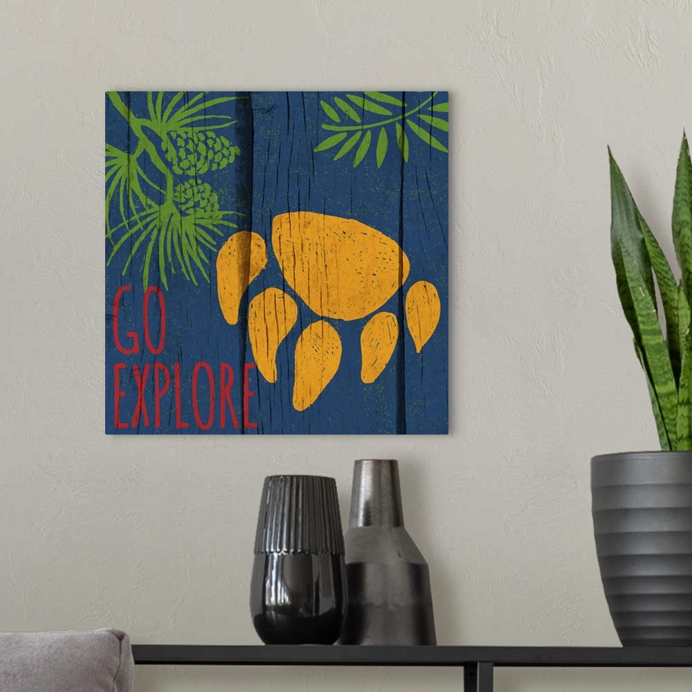 A modern room featuring Brightly colored image of a bear's pawprint with a wooden board texture.