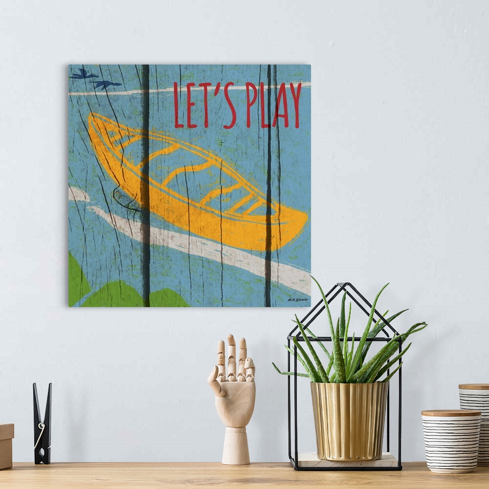 A bohemian room featuring Brightly colored image of a canoe in the water with a wooden board texture.