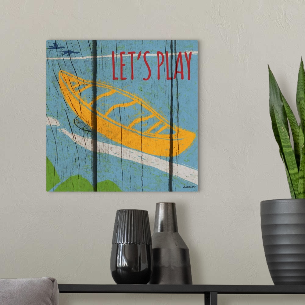 A modern room featuring Brightly colored image of a canoe in the water with a wooden board texture.