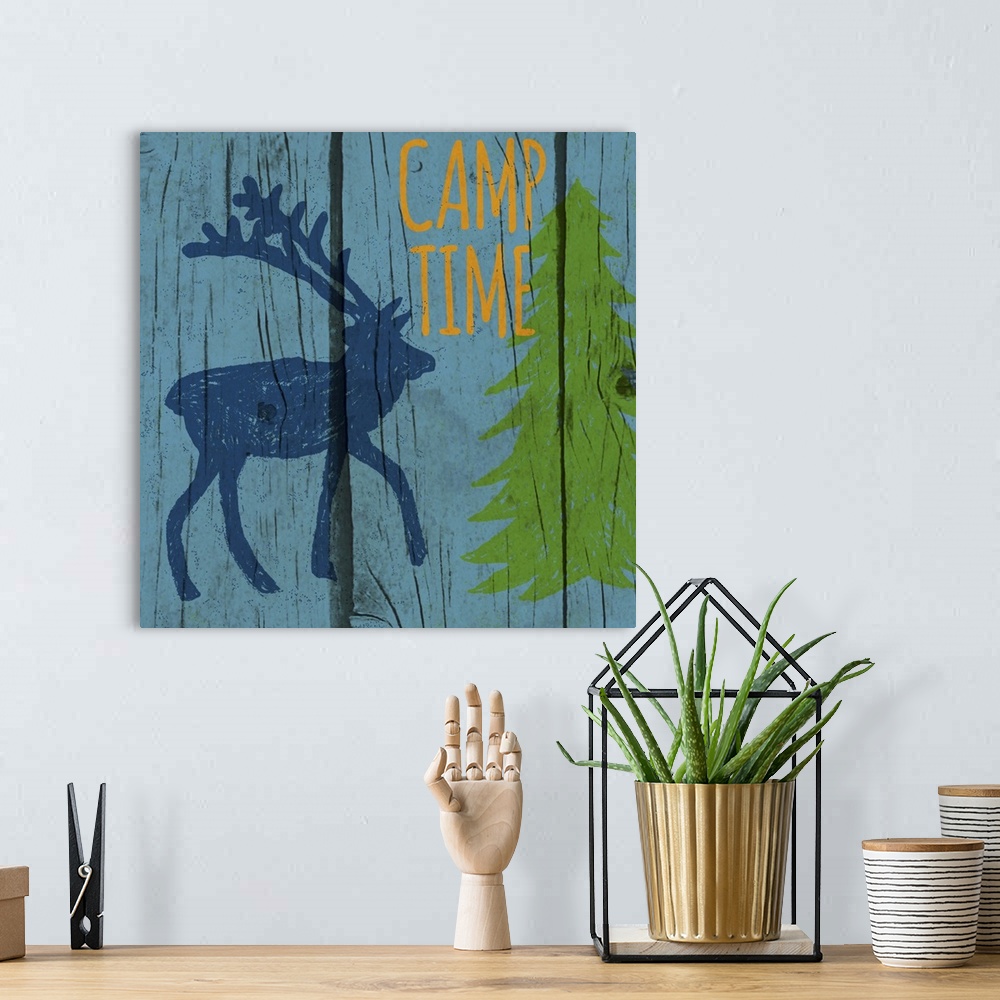 A bohemian room featuring Brightly colored image of an elk in the forest with a wooden board texture.
