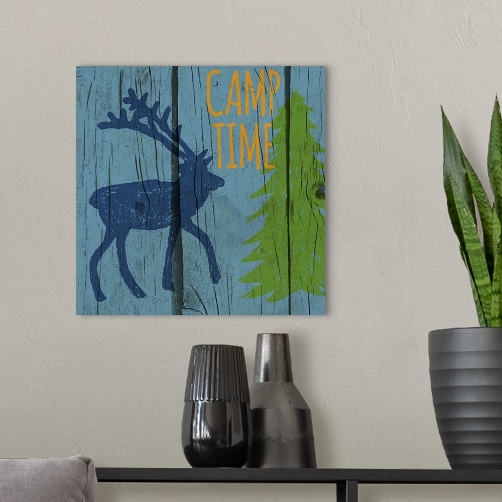 A modern room featuring Brightly colored image of an elk in the forest with a wooden board texture.