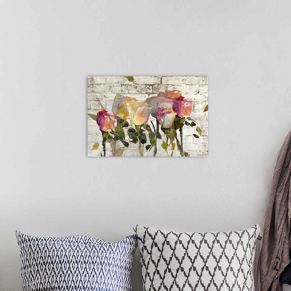 A bohemian room featuring Painting of a group of roses on a white brick background.