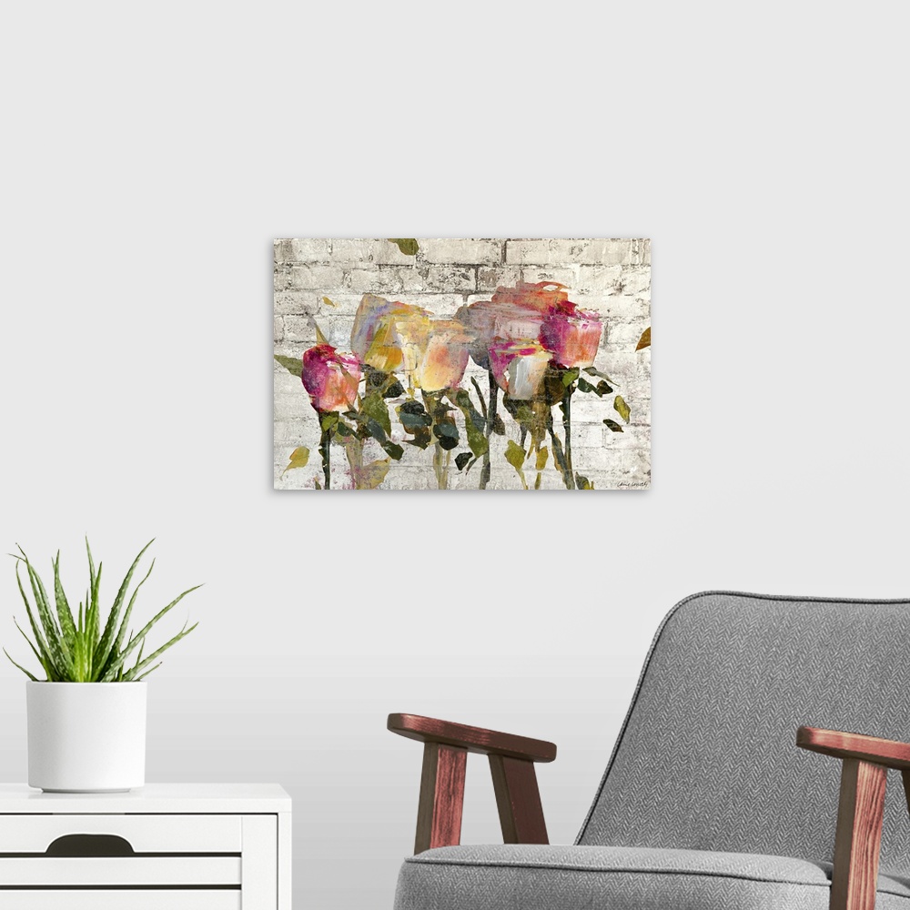 A modern room featuring Painting of a group of roses on a white brick background.