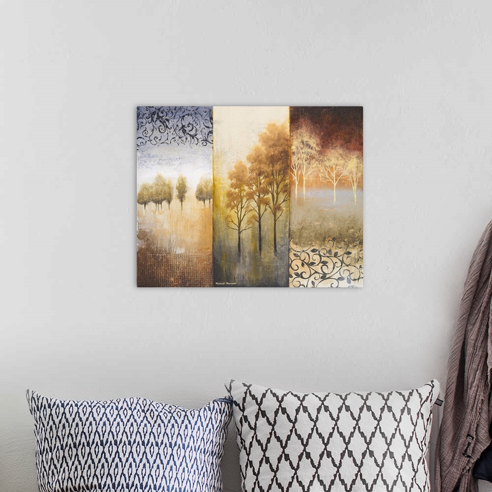 A bohemian room featuring Oversized, horizontal home art docor of three vertical images pieced together.  Each panel has a ...