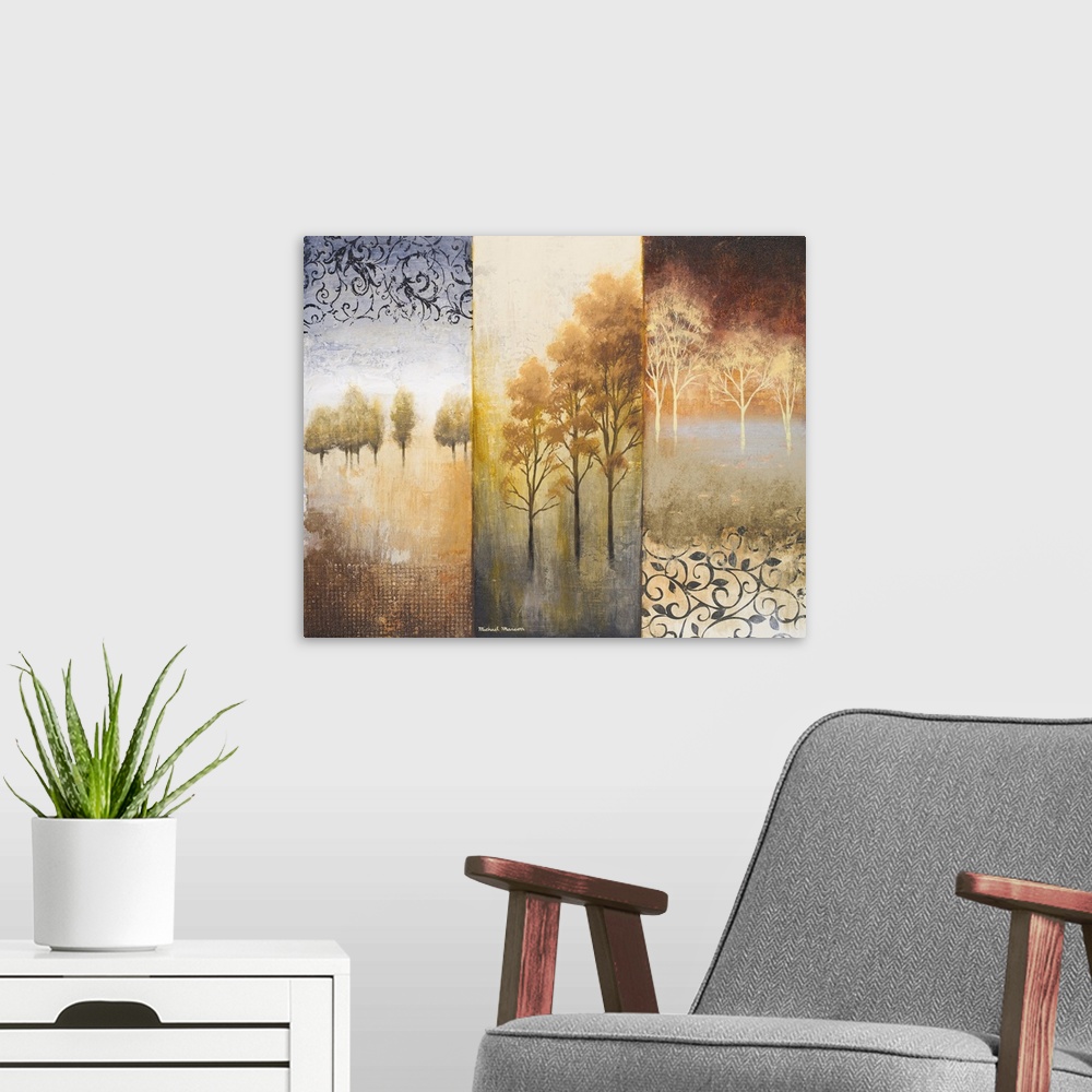 A modern room featuring Oversized, horizontal home art docor of three vertical images pieced together.  Each panel has a ...