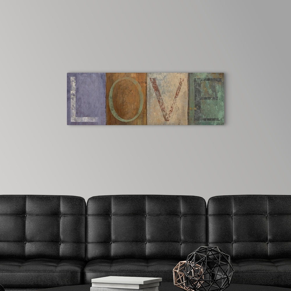 A modern room featuring Typographic panoramic painting of the word "LOVE."  Each letter is within a different colored squ...