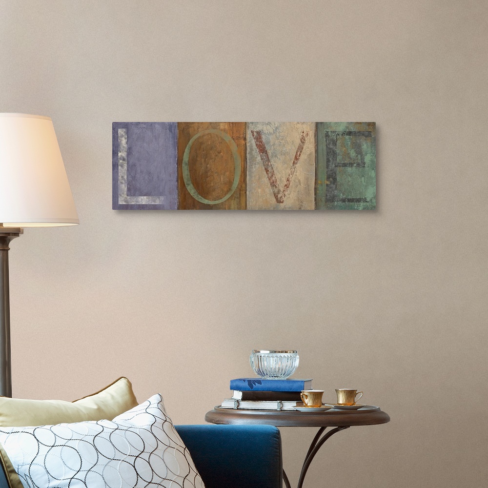 A traditional room featuring Typographic panoramic painting of the word "LOVE."  Each letter is within a different colored squ...