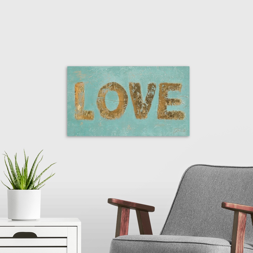 A modern room featuring "LOVE" n metallic gold on a teal textured background.