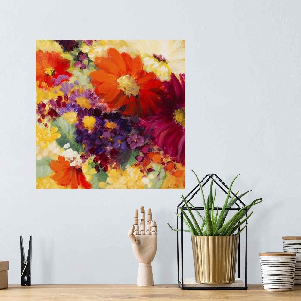 A bohemian room featuring Colorful floral painting of multi colored daisy flowers.