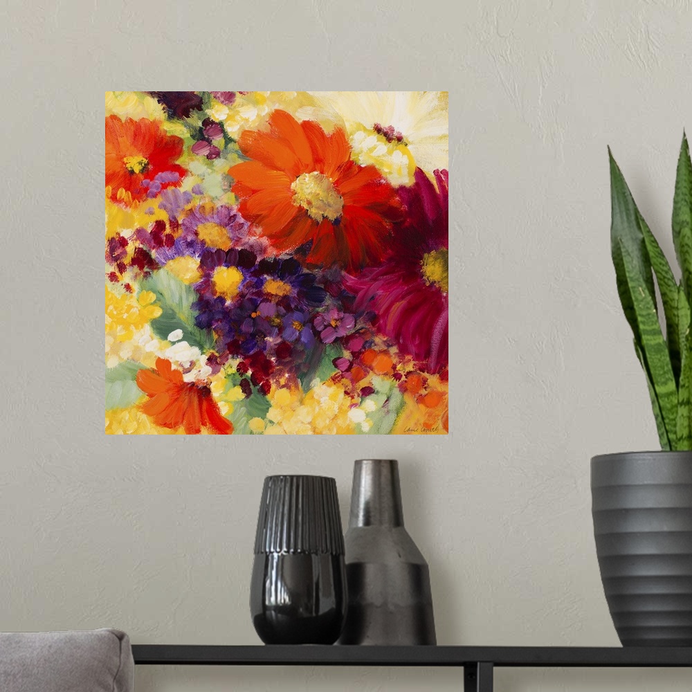 A modern room featuring Colorful floral painting of multi colored daisy flowers.