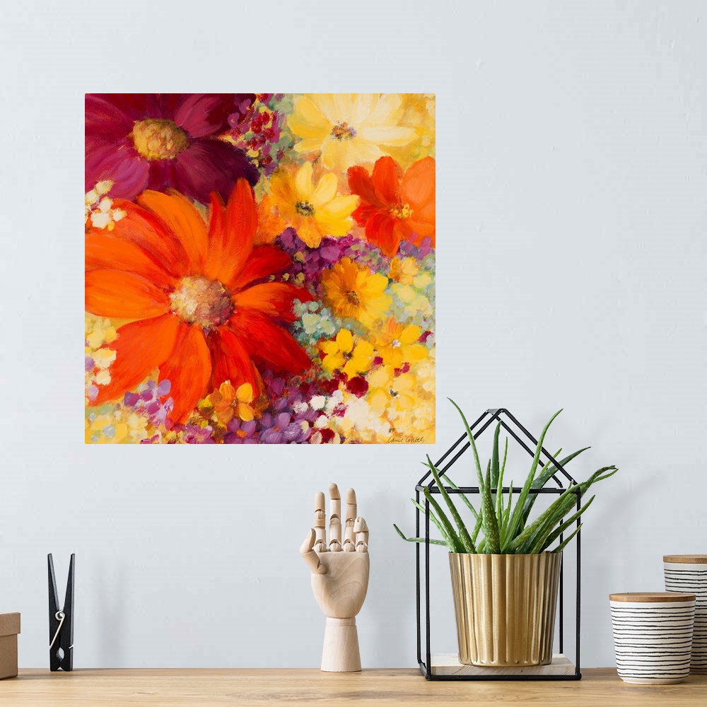 A bohemian room featuring Closeup artwork of a variety of blooming flowers in mostly vibrant tones.
