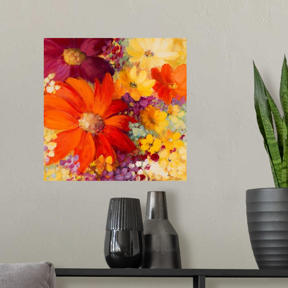 A modern room featuring Closeup artwork of a variety of blooming flowers in mostly vibrant tones.