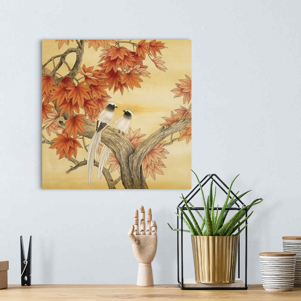 A bohemian room featuring Square watercolor painting of birds in warm tones with an Asian-inspired flair.