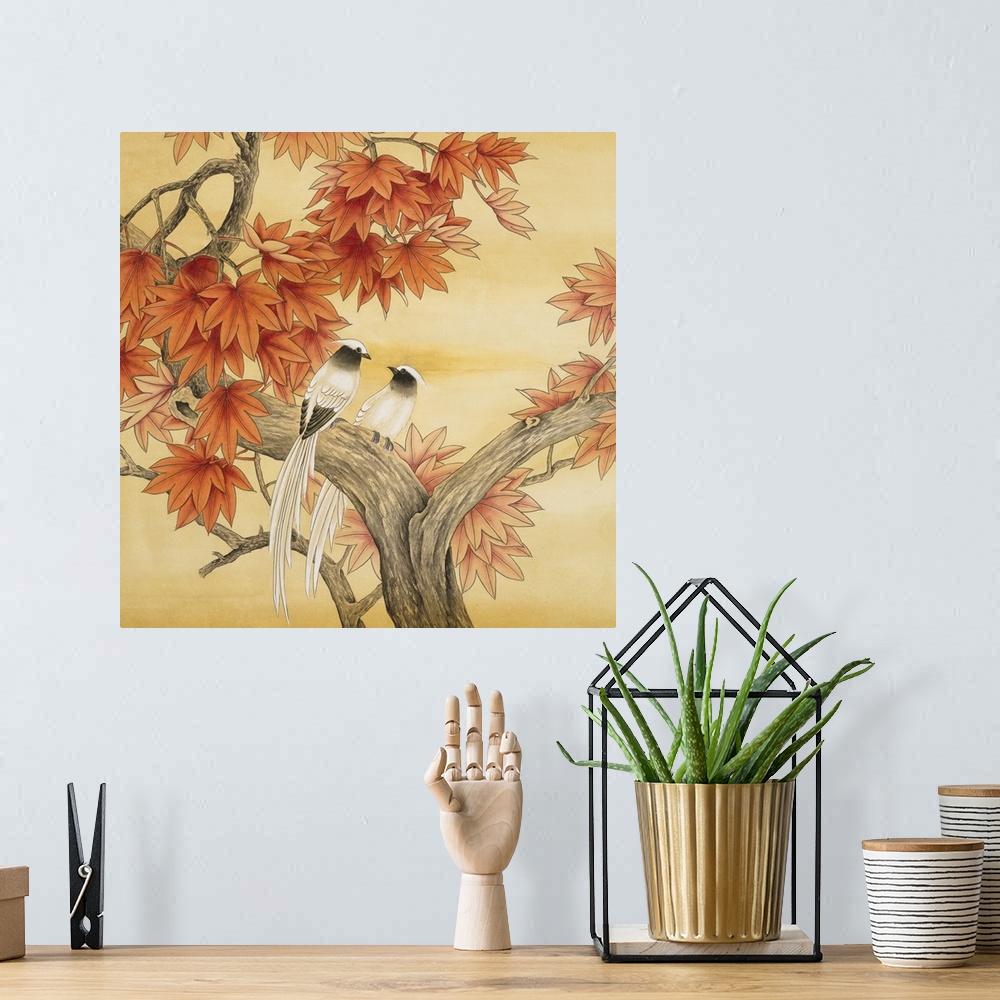 A bohemian room featuring Square watercolor painting of birds in warm tones with an Asian-inspired flair.