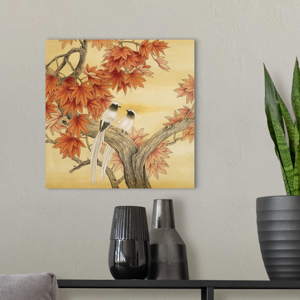 A modern room featuring Square watercolor painting of birds in warm tones with an Asian-inspired flair.