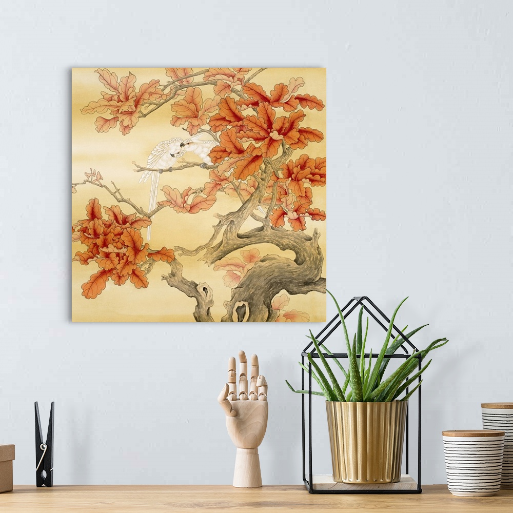 A bohemian room featuring Asian artwork of two parrots preening in a tree with broad fall leaves and knotted branches.