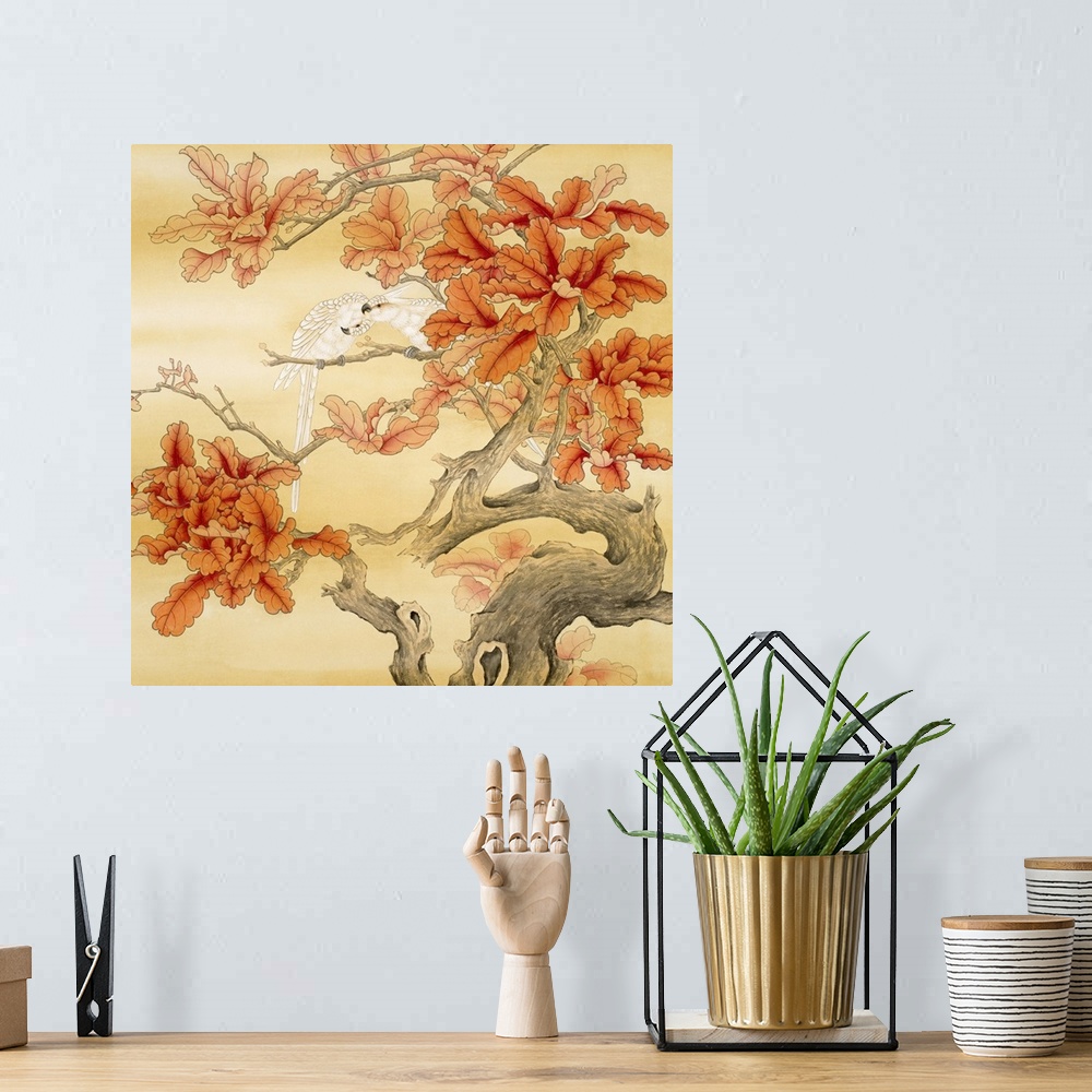 A bohemian room featuring Asian artwork of two parrots preening in a tree with broad fall leaves and knotted branches.