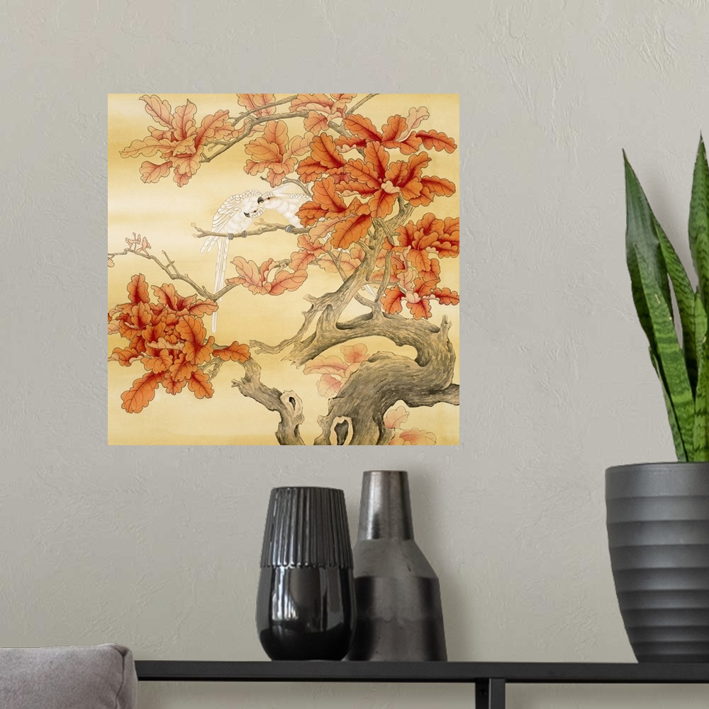 A modern room featuring Asian artwork of two parrots preening in a tree with broad fall leaves and knotted branches.