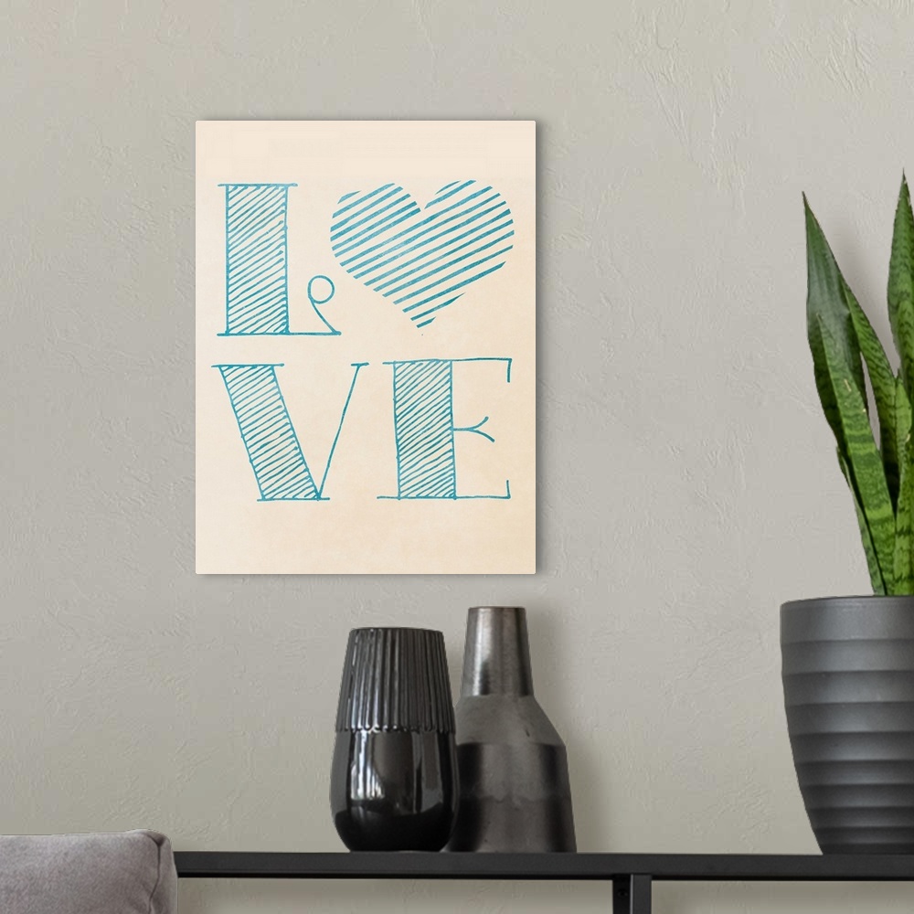 A modern room featuring The word "love" in a light blue sketch style, with a heart.