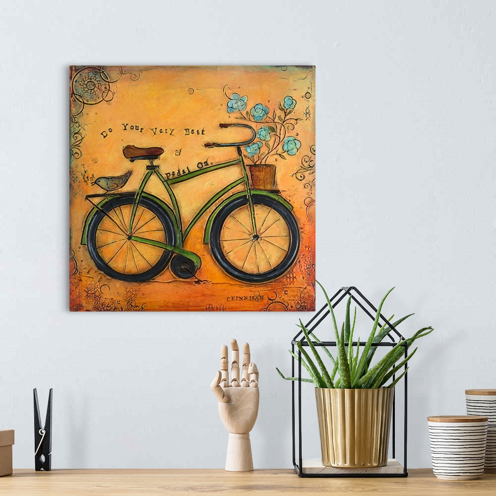 A bohemian room featuring Inspirational sentiment over a painting of a bicycle with flowers in the front basket.