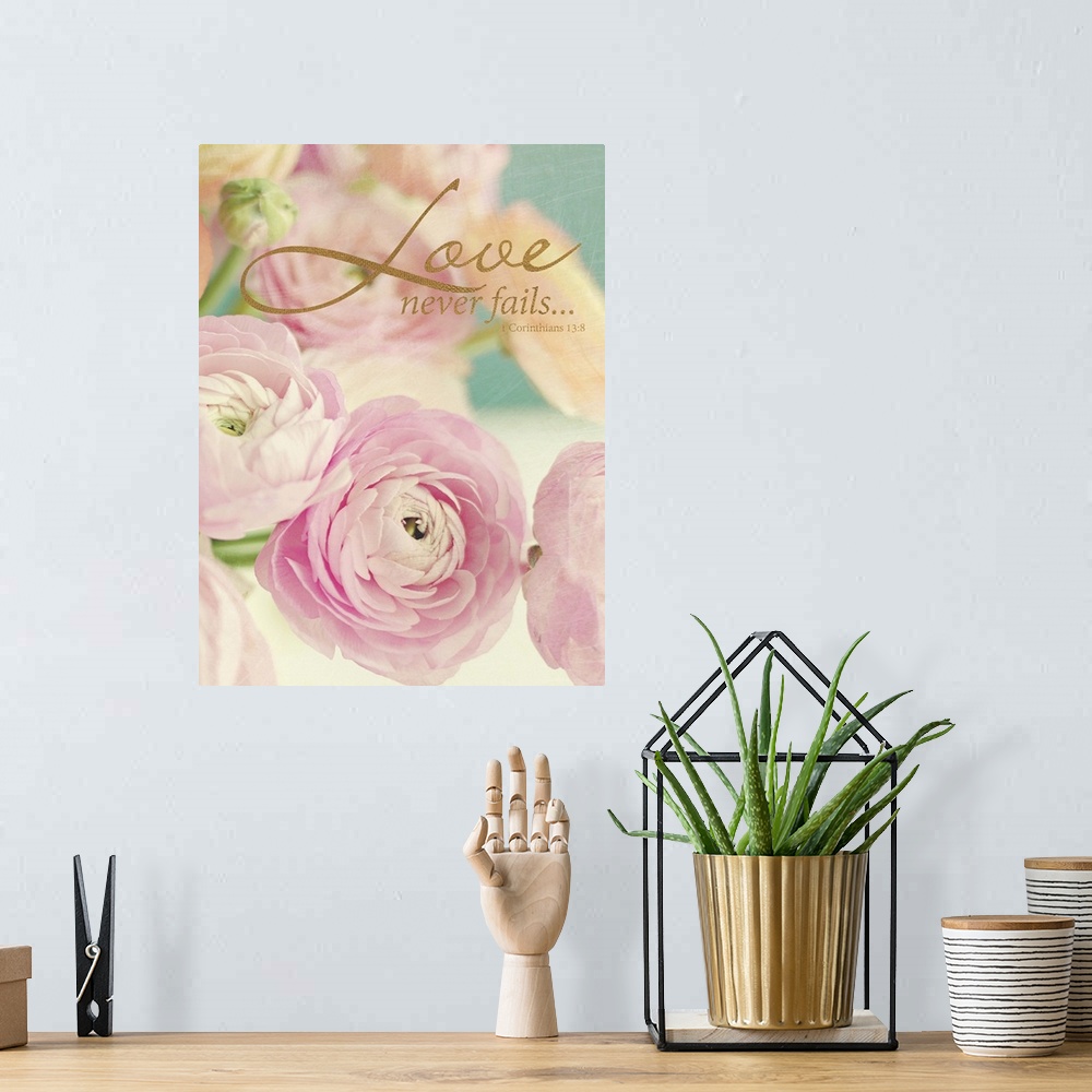 A bohemian room featuring Pastel-toned image of pink flowers with a Bible verse.