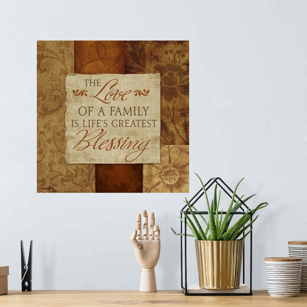 A bohemian room featuring Inspirational artwork of a quote about family surrounded by different designs on neutral color bl...