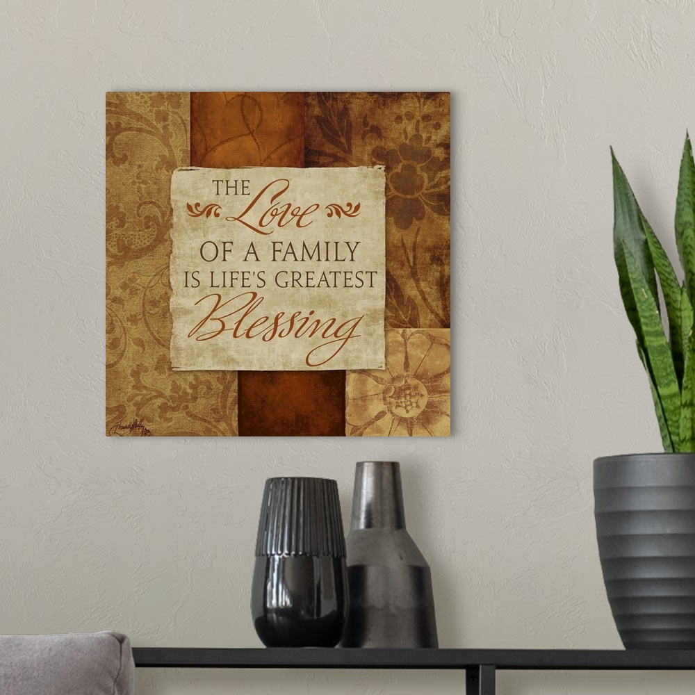 A modern room featuring Inspirational artwork of a quote about family surrounded by different designs on neutral color bl...